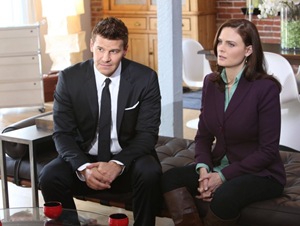BONES:  Brennan (Emily Deschanel, R) and Booth (David Boreanaz, L) interview a couple on the brink of divorce who recently reconciled in "The Partners in the Divorce" episode of BONES airing Monday, Sept. 24 (8:00-9:00 PM ET/PT) on FOX.  ©2012 Fox Broadcasting Co.  Cr:  Adam Taylor/FOX