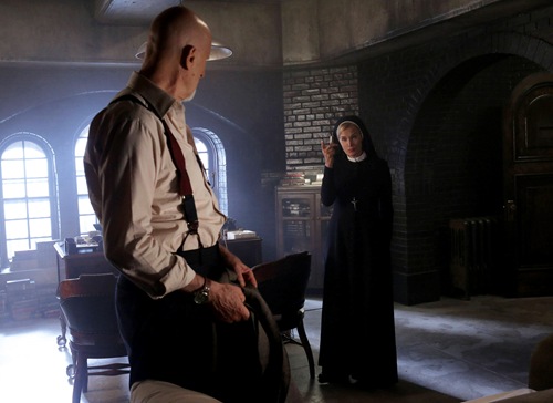AMERICAN HORROR STORY Nor'easter -- Episode 203, Wednesday, October 31, 10:00 pm e/p) -- Pictured: (L-R) James Cromwell as Dr. Arthur Arden, Jessica Lange as Sister Jude -- CR: Byron Cohen/FX