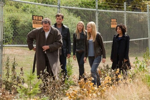 FRINGE: Walter (John Noble, L), Peter (Josh Jackson, second from L), Olivia (Anna Torv, C), Etta (guest star Georgina Haig, second from R) and Astrid (Jasika Nicole, R) search the Harvard campus for a hidden tunnel in the &quot;In Absentia&quot; episode of FRINGE airing Friday, Oct. 5  (9:00-10:00 PM ET/PT) on FOX. &#xa9;2012 Fox Broadcasting Co. CR: Liane Hentscher/FOX
