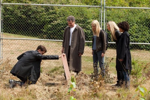 FRINGE: Peter (Josh Jackson, L), Walter (John Noble, second from L), Etta (guest star Georgina Haig, C), Olivia (Anna Torv, second from R) and Astrid (Jasika Nicole, R) search the Harvard campus for a hidden tunnel in the &quot;In Absentia&quot; episode of FRINGE airing Friday, Oct. 5  (9:00-10:00 PM ET/PT) on FOX. &#xa9;2012 Fox Broadcasting Co. CR: Liane Hentscher/FOX