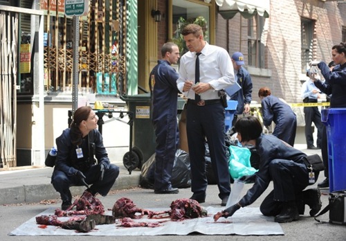 BONES:   Brennan (Emily Deschanel, L), Booth (David Boreanaz, C) and Cam (Tamara Taylor, R) investigate remains found in a city garbage can in "The Method in the Madness" episode of BONES airing Monday, Nov. 5 (8:00-9:00 PM ET/PT) on FOX.  ©2012 Fox Broadcasting Co.  Cr:  Ray Mickshaw/FOX