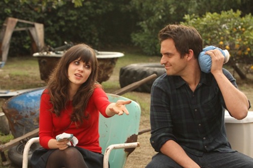 NEW GIRL:  Jess (Zooey Deschanel, L) and Nick (Jake Johnson, R) are caught snooping outside the house of one of her students in the "Pepperwood" episode of NEW GIRL airing Tuesday, Jan. 22 (9:00-9:30 PM ET/PT) on FOX.  ©2012 Fox Broadcasting Co.  Cr: Patrick McElhenney/FOX