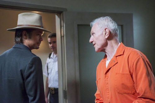 JUSTIFIED -- Money Trap -- Episode 7 (Airs Tuesday, February 19, 10:00 pm e/p) -- Pictured: (L-R) Timothy Olyphant as Deputy U.S. Marshal Raylan Givens, Raymond J. Barry as Arlo Givens -- CR: Prashant Gupta/FX 