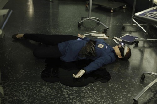 BONES:  Brennan (Emily Deschanel) is shot while working late at the Jeffersonian lab in the "The Shot in the Dark" episode of BONES airing Monday, Feb. 11 (8:00-9:00 PM ET/PT) on FOX.  ©2013 Fox Broadcasting Co. Cr: Jordin Althaus/FOX
