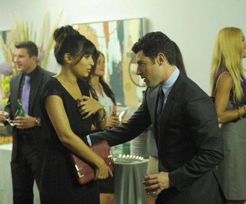 NEW GIRL:  Schmidt (Max Greenfield, R) is surprised when Cece (Hannah Simone, L) shows up at his office party in the "Jacooz" episode of NEW GIRL airing Tuesday, Sept. 24 (9:00-9:30 PM ET/PT) on FOX.  ©2013 Fox Broadcasting Co.  Cr: Ray Mickshaw/FOX