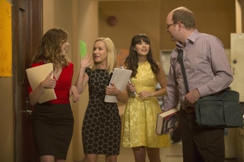 NEW GIRL:  Jess (Zooey Deschanel, second from R) meets some co-workers (L-R: guest stars Dreama Walker, Angela Kinsey and Mark Proksch) when she starts her new teaching job in the &quot;Jacooz&quot; episode of NEW GIRL airing Tuesday, Sept. 24 (9:00-9:30 PM ET/PT) on FOX.  &#xa9;2013 Fox Broadcasting Co. Cr: Jennifer Clasen/FOX
