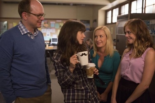 NEW GIRL:  Jess (Zooey Deschanel, second from L) tries to impress a clique of teachers at her new school (L-R: guest stars Mark Proksch, Angela Kinsey and Dreama Walker) in the &quot;Jacooz&quot; episode of NEW GIRL airing Tuesday, Sept. 24 (9:00-9:30 PM ET/PT) on FOX. &#xa9;2013 Fox Broadcasting Co.  Cr: Jennifer Clasen/FOX