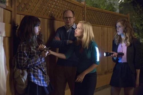 NEW GIRL:  Jess (Zooey Deschanel, L) tries to impress a clique of teachers at her new school (L-R: guest stars Mark Proksch, Angela Kinsey and Dreama Walker) in the &quot;Jacooz&quot; episode of NEW GIRL airing Tuesday, Sept. 24 (9:00-9:30 PM ET/PT) on FOX. &#xa9;2013 Fox Broadcasting Co.  Cr: Jennifer Clasen/FOX