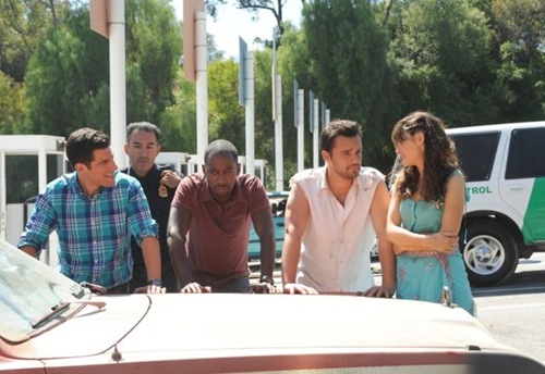 NEW GIRL:  After helping Nick (Jake Johnson, second from R) escape from the custody of Mexican authorities, the gang (L-R:  Max Greenfield, Lamorne Morris and Zooey Deschanel) gets stopped at the border in the &quot;All In&quot; season premiere episode of NEW GIRL airing Tuesday, Sept. 17 (9:00-9:30 PM ET/PT) on FOX. &#xa9;2013 Fox Broadcasting Co.  Cr: Ray Mickshaw/FOX