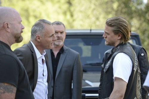 SONS OF ANARCHY Wolfsangel -- Episode 604 -- Airs Tuesday, October 1, 10:00 pm e/p) -- Pictured: (L-R) Timothy V. Murphy as Gaalan, Charlie Hunnam as Jackson 'Jax' Teller -- CR: Michael Becker/FX