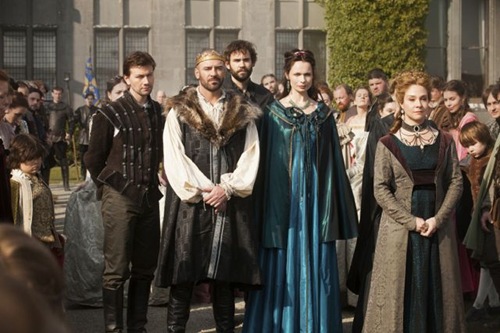 Reign -- "Pilot" -- Image Number: RE100b_172r.jpg -- Pictured (L-R): Torrance Coombs as Bash, Alan Van Sprang as King Henry II, Rossif Sutherland as Nostradamus, Anna Walton as Diane, and Megan Follows as Catherine de' Medici -- Photo: Joss Barratt/The CW -- &copy; 2013 The CW Network, LLC. All rights reserved. 