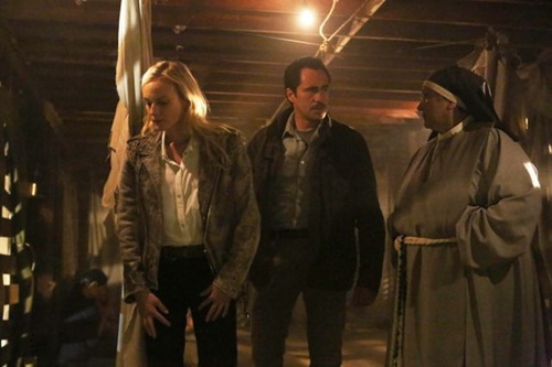 THE BRIDGE - "The Crazy Place" - Episode 13 (Airs, Wednesday, October 2, 10:00 pm e/p) Pictured: (L-R)  Diane Kruger as Sonya Cross, Demian Bechir as Marco Ruiz, Silvia Curiel as Sister Guadalupe. CR: Byron Cohen/FX Network