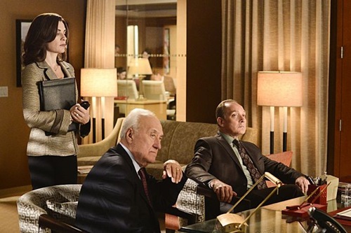 "A Precious Commodity"--Alicia represents a surrogate mother who is going against the wishes of the biological parents, but arguments inside the firm threaten to overshadow any in court as Diane√¢¬?¬?s Supreme Court candidacy puts her at odds with Will, on THE GOOD WIFE, Sunday, Oct 13 (9:00-10:00 PM, ET/PT) on the CBS Television Network. (Pictured L-R: Julianna Margulies as Alicia, Jerry Adler as Howard Lyman, Zach Grenier as David Lee) Photo: Myles Aronowitz/CBS √?¬©2013 CBS Broadcasting Inc. All Rights Reserved