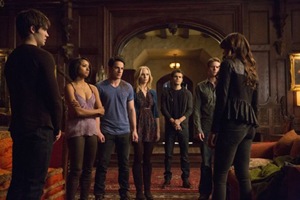 The Vampire Diaries -- "Gone Girl" -- Image Number: VD515a_0005.jpg -- Pictured (L-R): Steven R. McQueen as Jeremy, Kat Graham as Bonnie, Michael Trevino as Tyler, Candice Accola as Caroline, Paul Wesley as Stefan, Zach Roerig as Matt and Nina Dobrev as Katherine (back to camera) -- Photo: Blake Tyers/The CW -- &copy; 2014 The CW Network, LLC. All rights reserved
