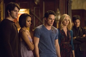 The Vampire Diaries -- "Gone Girl" -- Image Number: VD515a_0133.jpg -- Pictured (L-R): Steven R. McQueen as Jeremy, Kat Graham as Bonnie, Michael Trevino as Tyler, Candice Accola as Caroline and Ian Somerhalder as Damon -- Photo: Blake Tyers/The CW -- &copy; 2014 The CW Network, LLC. All rights reserved