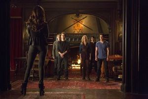 The Vampire Diaries -- "Gone Girl" -- Image Number: VD515a_0156.jpg -- Pictured (L-R): Nina Dobrev as Katherine (back to camera) with Zach Roerig as Matt, Paul Wesley as Stefan, Candice Accola as Caroline, Steven R. McQueen as Jeremy and Michael Trevino as Tyler -- Photo: Blake Tyers/The CW -- &copy; 2014 The CW Network, LLC. All rights reserved