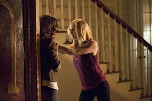 The Vampire Diaries -- "No Exit" -- Image Number: VD514b_0253.jpg -- Pictured (L-R): Olga Fonda as Nadia (back to camera) and Candice Accola as Caroline -- Photo: Bob Mahoney/The CW -- &copy; 2014 The CW Network, LLC. All rights reserved