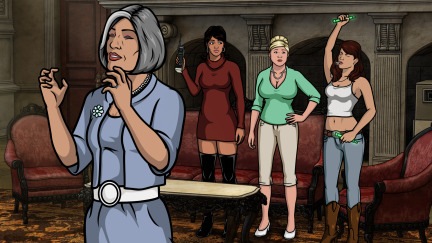 ARCHER: Episode 8, Season 5 "Archer Vice: Rules of Extraction" (airing Monday, March 17, 10:00 pm e/p). Archer, Ray and Cyril raft down a crocodile-filled river while Lana and Pam plan a spa day for Malory. Written by Adam Reed. Pictured: (L-R) Malory Archer (voice of Jessica Walter), Lana Kane (voice of Aisha Tyler), Pam Poovey (voice of Amber Nash), Cheryl Tunt (voice of Judy Greer). FX Network 