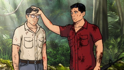 ARCHER: Episode 8, Season 5 "Archer Vice: Rules of Extraction" (airing Monday, March 17, 10:00 pm e/p). Archer, Ray and Cyril raft down a crocodile-filled river while Lana and Pam plan a spa day for Malory. Written by Adam Reed. Pictured: (L-R) Cyril Figgis (voice of Chris Parnell), Sterling Archer (voice of H. Jon Benjamin). FX Network 