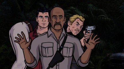 ARCHER: Episode 8, Season 5 "Archer Vice: Rules of Extraction" (airing Monday, March 17, 10:00 pm e/p). Archer, Ray and Cyril raft down a crocodile-filled river while Lana and Pam plan a spa day for Malory. Written by Adam Reed. Pictured: (far left) Sterling Archer (voice of H. Jon Benjamin), (far right) Ray Gillette (voice of Adam Reed). FX Network 