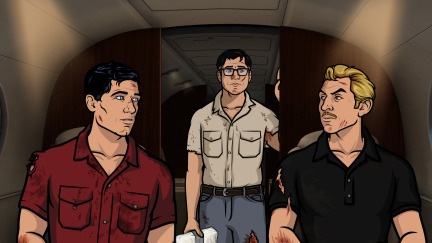ARCHER: Episode 8, Season 5 "Archer Vice: Rules of Extraction" (airing Monday, March 17, 10:00 pm e/p). Archer, Ray and Cyril raft down a crocodile-filled river while Lana and Pam plan a spa day for Malory. Written by Adam Reed. Pictured: (L-R) Sterling Archer (voice of H. Jon Benjamin), Cyril Figgis (voice of Chris Parnell),  Ray Gillette (voice of Adam Reed). FX Network 